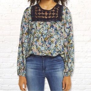 🎁3 for $30 Caslon Crochet Yoke Floral Top Blouse Size XL Blue Pink Green